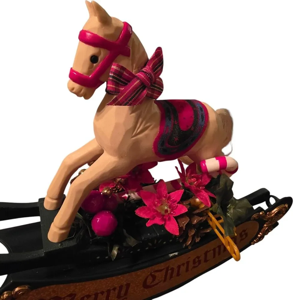 Merry Christmas Rocking Horse Tree Hugger 10 1/2 X 8 Sits In Your Tree Holiday